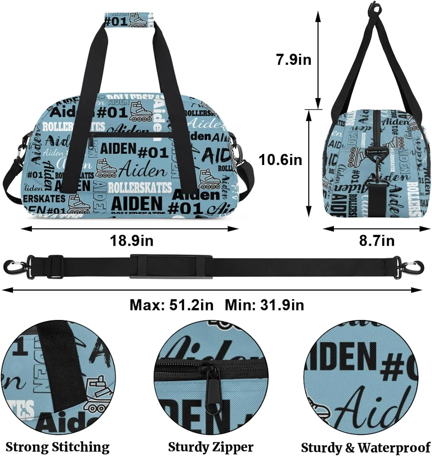 Personalized Name Roller Skates Duffle Bags Custom Number Sports Gym Bag Weekender Overnight Training Bag, Dark Blue