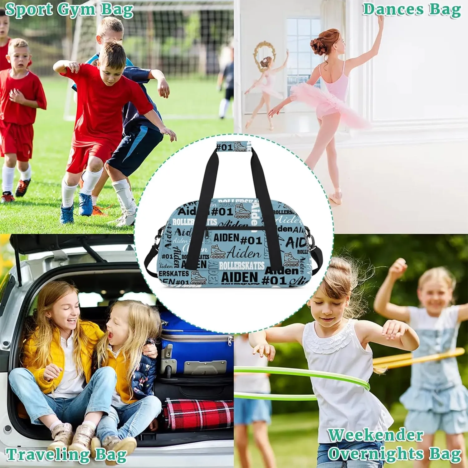 Personalized Name Roller Skates Duffle Bags Custom Number Sports Gym Bag Weekender Overnight Training Bag, Dark Blue