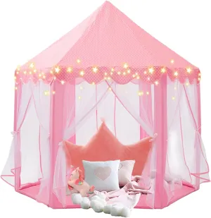 Pink Princess Tent for Kids Play Tent for 3 4 5 6 7 8 9 Years Girls Gift- with Led Star Lights,Kids Play Tent Indoor & Outdoor, Princess Tent,Princess Castle Dress Up for Girls 4-6,55'' X 53'' (DxH)