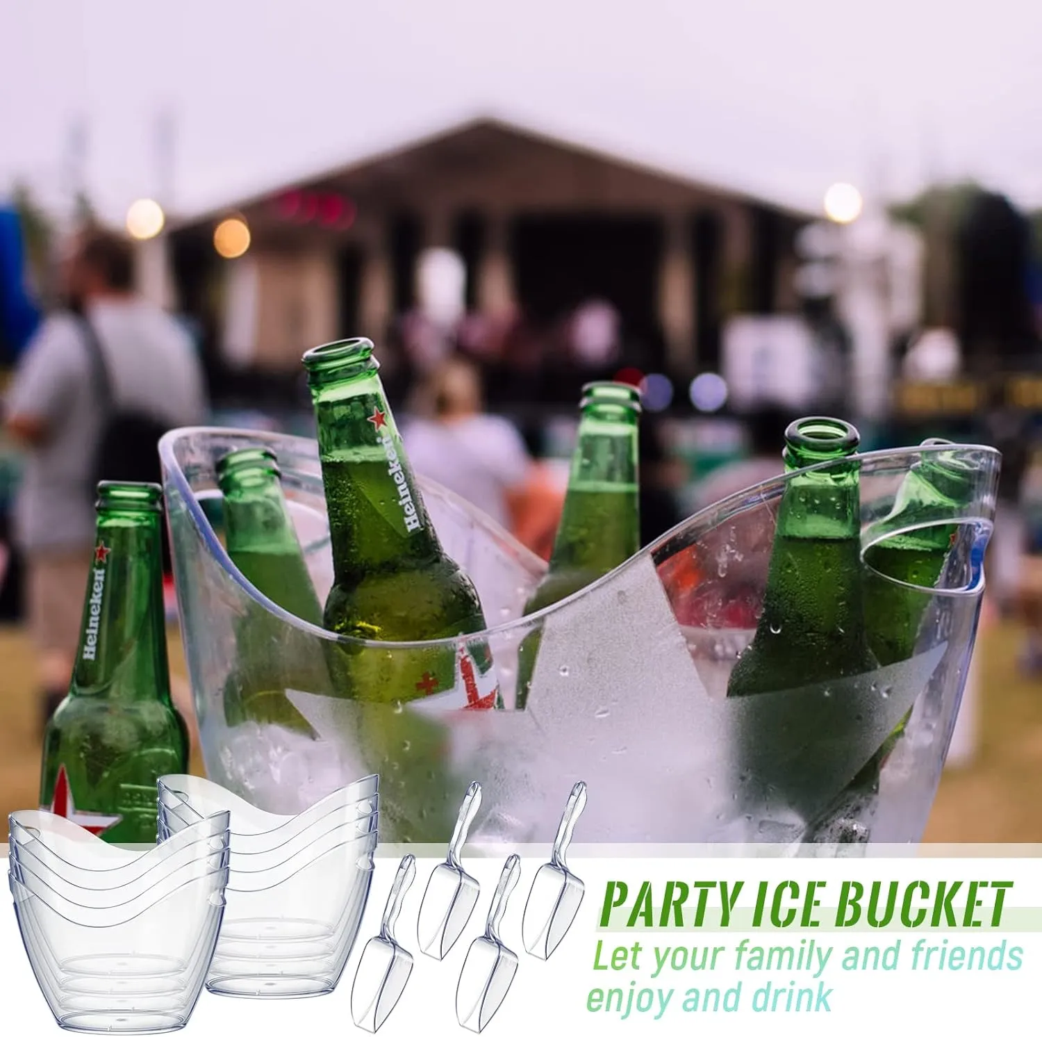 Plastic Clear Ice Bucket with Ice Scoops Clear Acrylic Ice Tub Plastic Wine Bucket Party Beverage Chiller Bin Parties Ice Bucket for Wine Champagne or Beer (24 Pieces, 4 Liters)