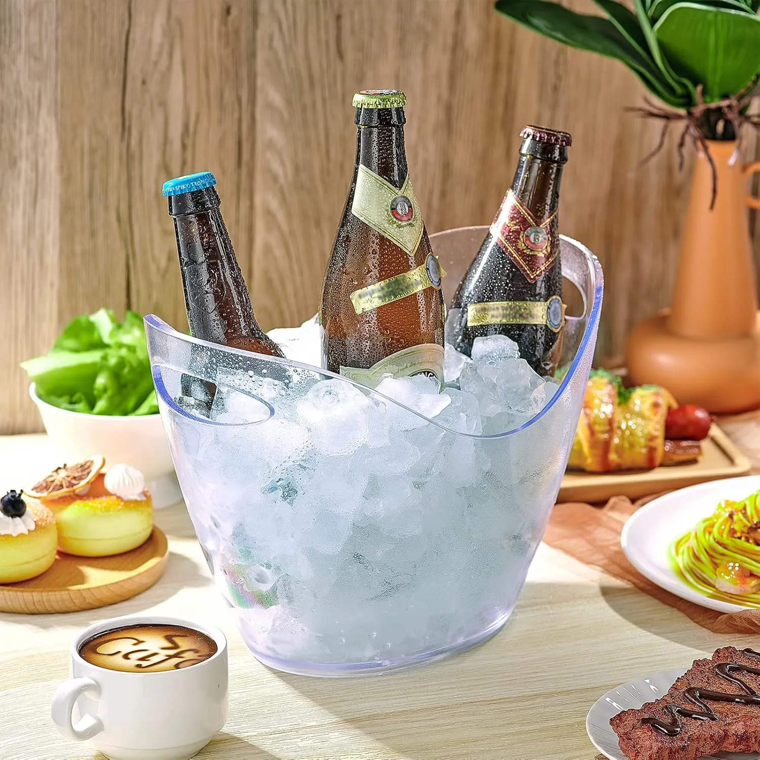 Plastic Clear Ice Bucket with Ice Scoops Clear Acrylic Ice Tub Plastic Wine Bucket Party Beverage Chiller Bin Parties Ice Bucket for Wine Champagne or Beer (24 Pieces, 4 Liters)