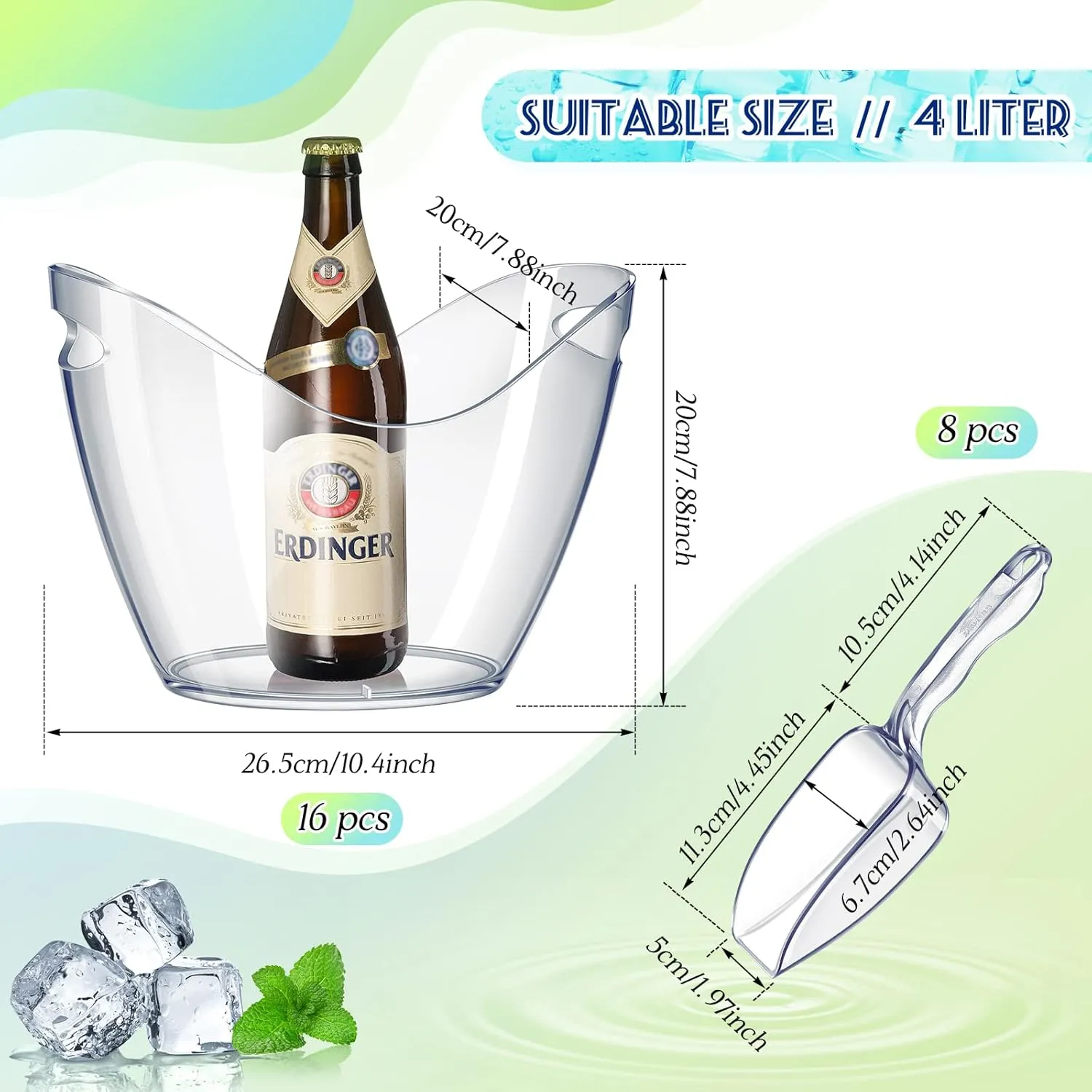 Plastic Clear Ice Bucket with Ice Scoops Clear Acrylic Ice Tub Plastic Wine Bucket Party Beverage Chiller Bin Parties Ice Bucket for Wine Champagne or Beer (24 Pieces, 4 Liters)