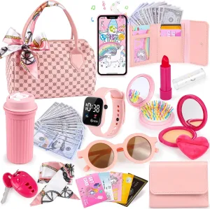 Play Purse for Little Girls, 32PCS Toddler Purse with Pretend Makeup for Kids, Princess Toys Includes Handbag, Phone, Wristwatch, Silk Scarf Kids Toy Purse Birthday Gift for Girls 3 4 5 6  