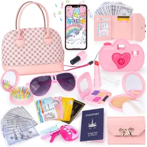 Play Purse for Little Girls, 35PCS Toddler Purse with Pretend Makeup for Toddlers, Princess Toys Includes Handbag, Camera, Phone, Wallet, Key, Kids Purse Birthday Gift for Girls Age 3 4 5 6 