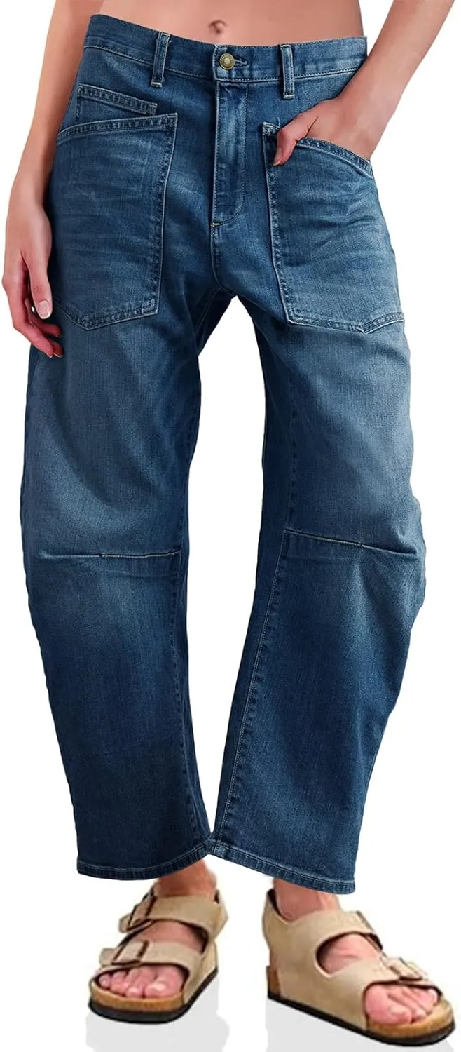 PLNOTME Womens Baggy Barrel Jeans Boyfriend High Waisted Wide Leg Cropped Ankle Denim Pants