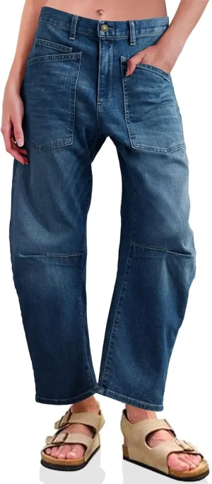 PLNOTME Womens Baggy Barrel Jeans Boyfriend High Waisted Wide Leg Cropped Ankle Denim Pants