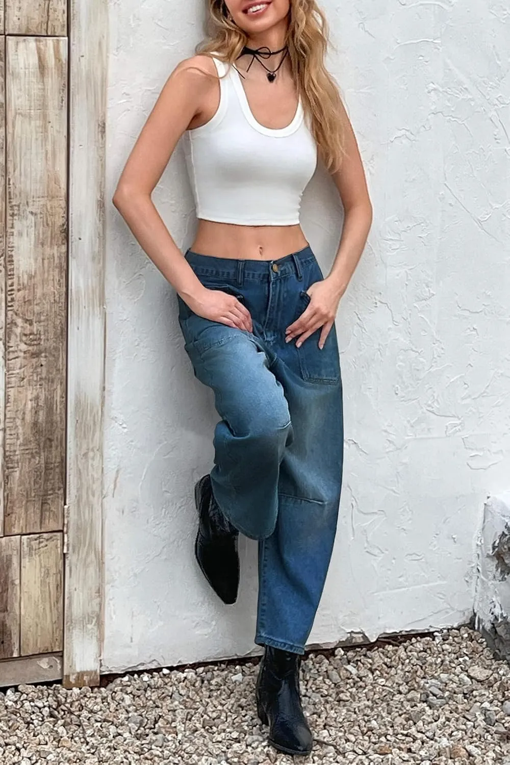 PLNOTME Womens Baggy Barrel Jeans Boyfriend High Waisted Wide Leg Cropped Ankle Denim Pants