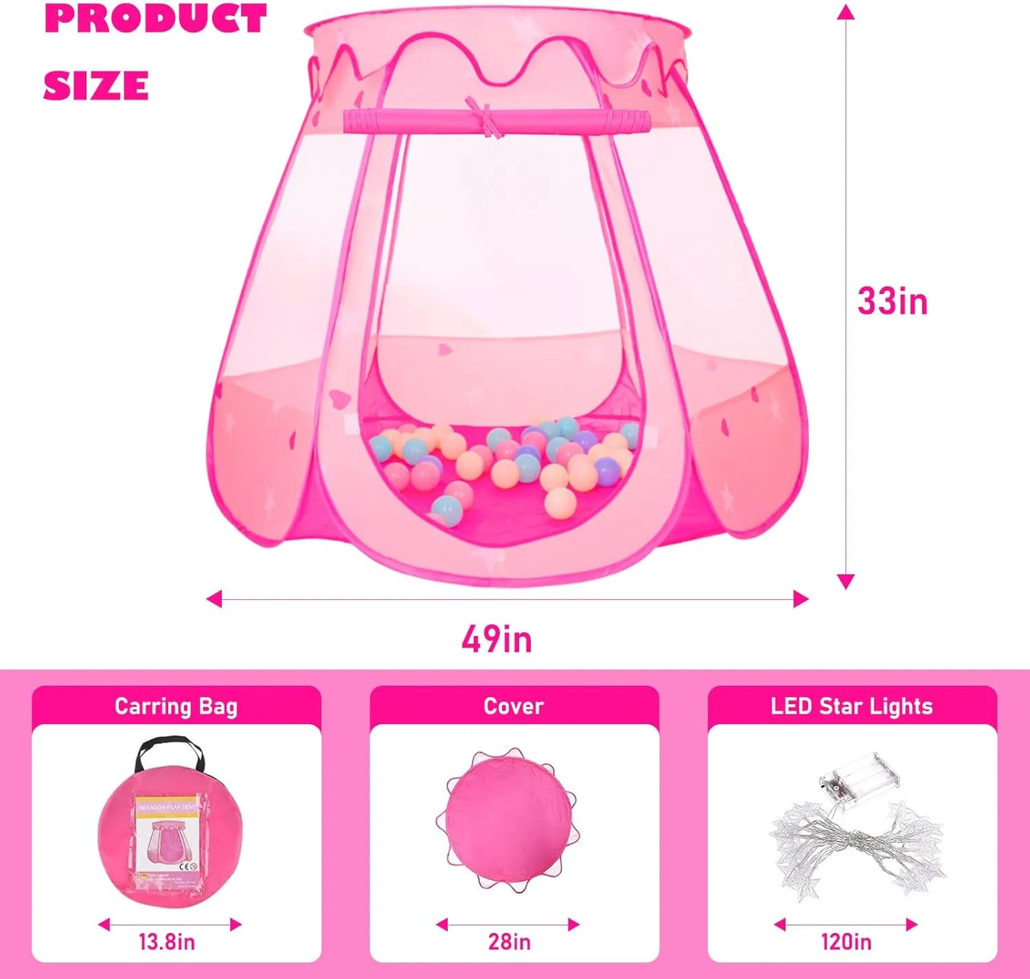 Pop Up Princess Tent with 50 Balls,Ball Pit with Star Lights for 1 2 3 Year Old Girl Birthday Gift,Princess Toys for Toddlers with Carrying Bag,Play Tent for Kids Indoor|Outdoor