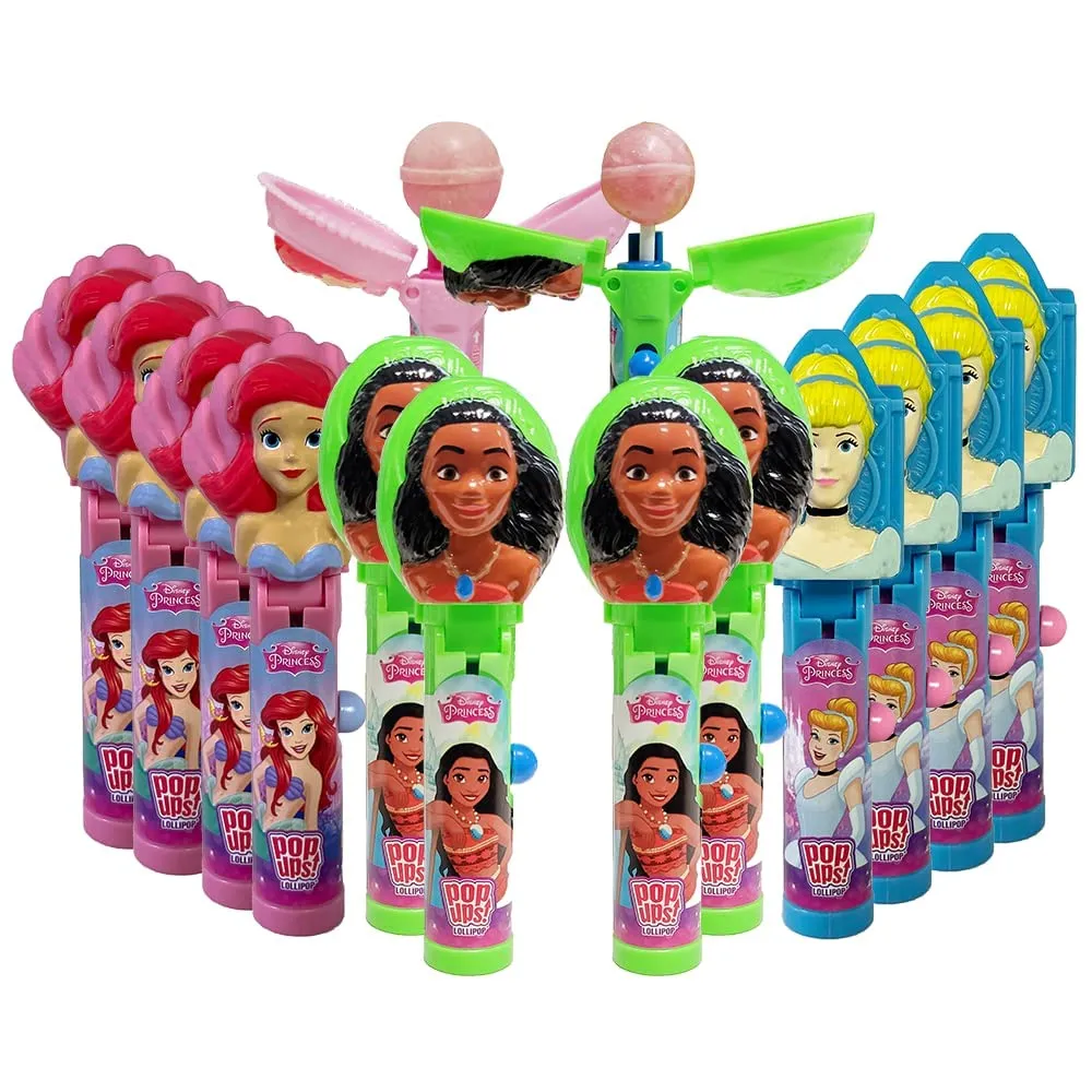 Pop Ups! Disney Princess Lollipop Holder | Collectable Disney Toy Lollipop Case | Princess Party Favors for Halloween, Goodie Bags, Piñata Candy, Game Prizes | Ariel, Moana and Cinderella - Bulk Set of 12 | Lollipops Included