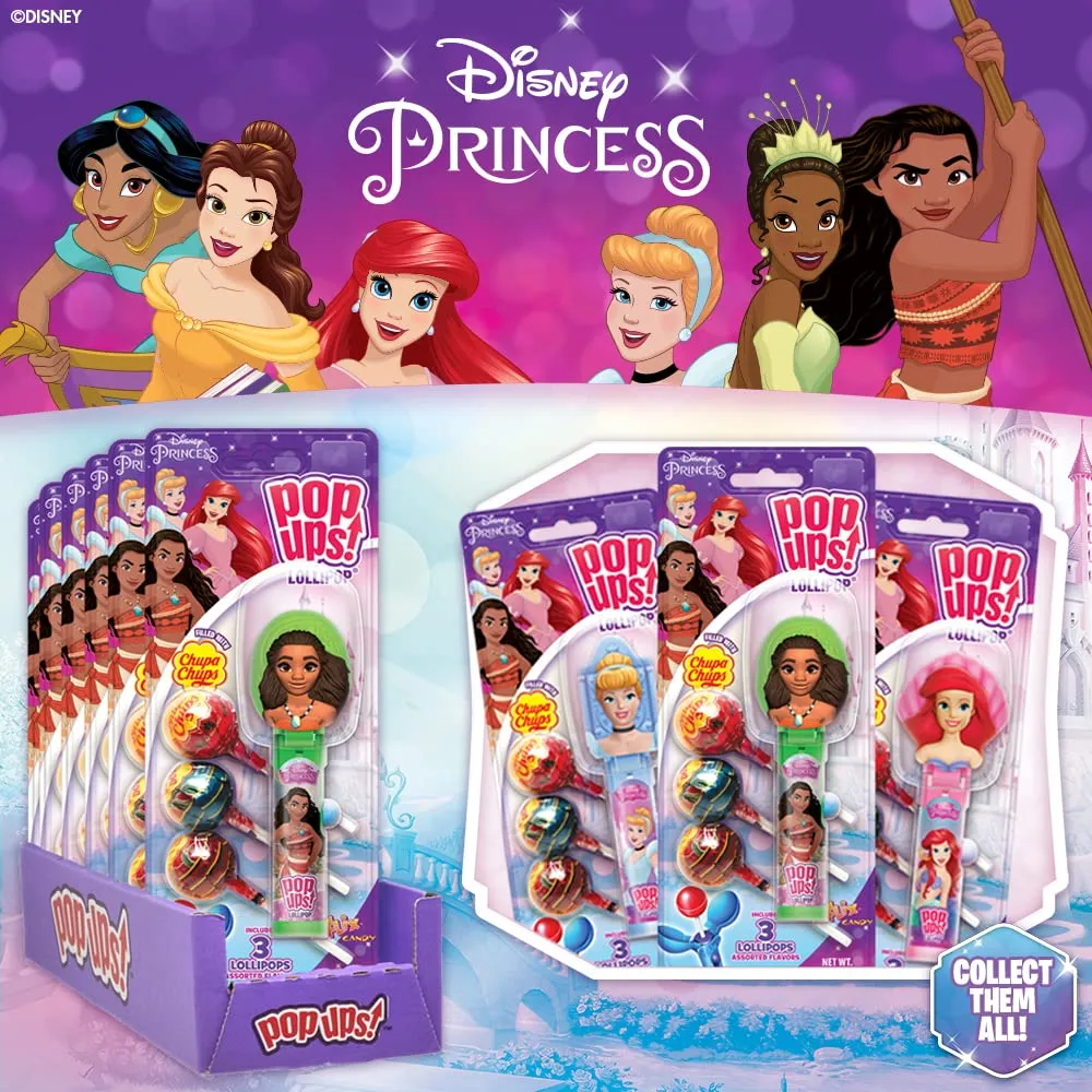 Pop Ups! Disney Princess Lollipop Holder | Collectable Disney Toy Lollipop Case | Princess Party Favors for Halloween, Goodie Bags, Piñata Candy, Game Prizes | Ariel, Moana and Cinderella - Bulk Set of 12 | Lollipops Included