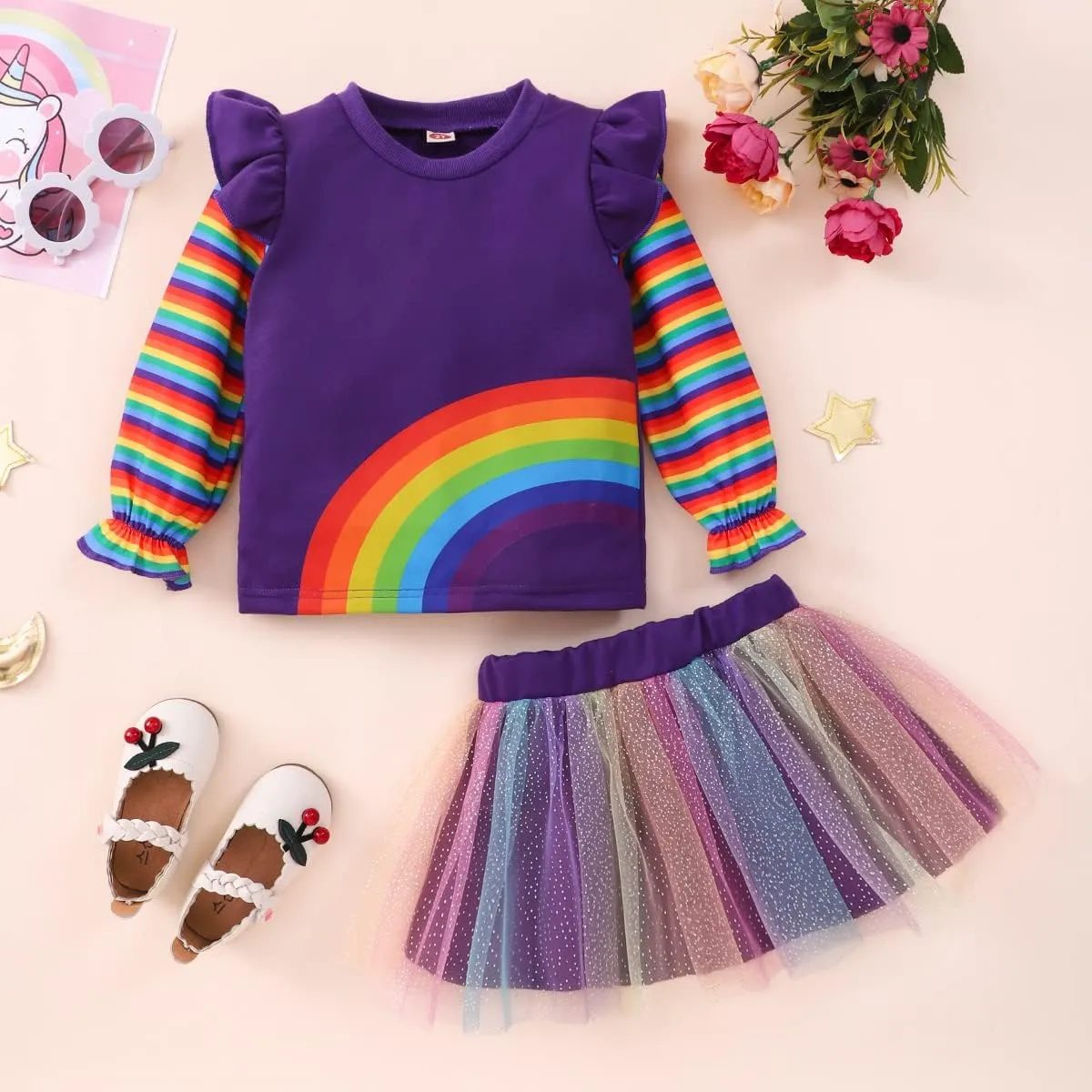 Popshion Girls Tulle Skirt Set Long Sleeve Sweatshirt Tutu Dress Birthday Party Outfit Kids Fall Winter Clothes Set 1-8 Years