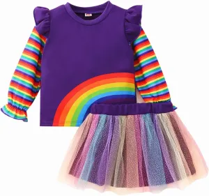 Popshion Girls Tulle Skirt Set Long Sleeve Sweatshirt Tutu Dress Birthday Party Outfit Kids Fall Winter Clothes Set 1-8 Years