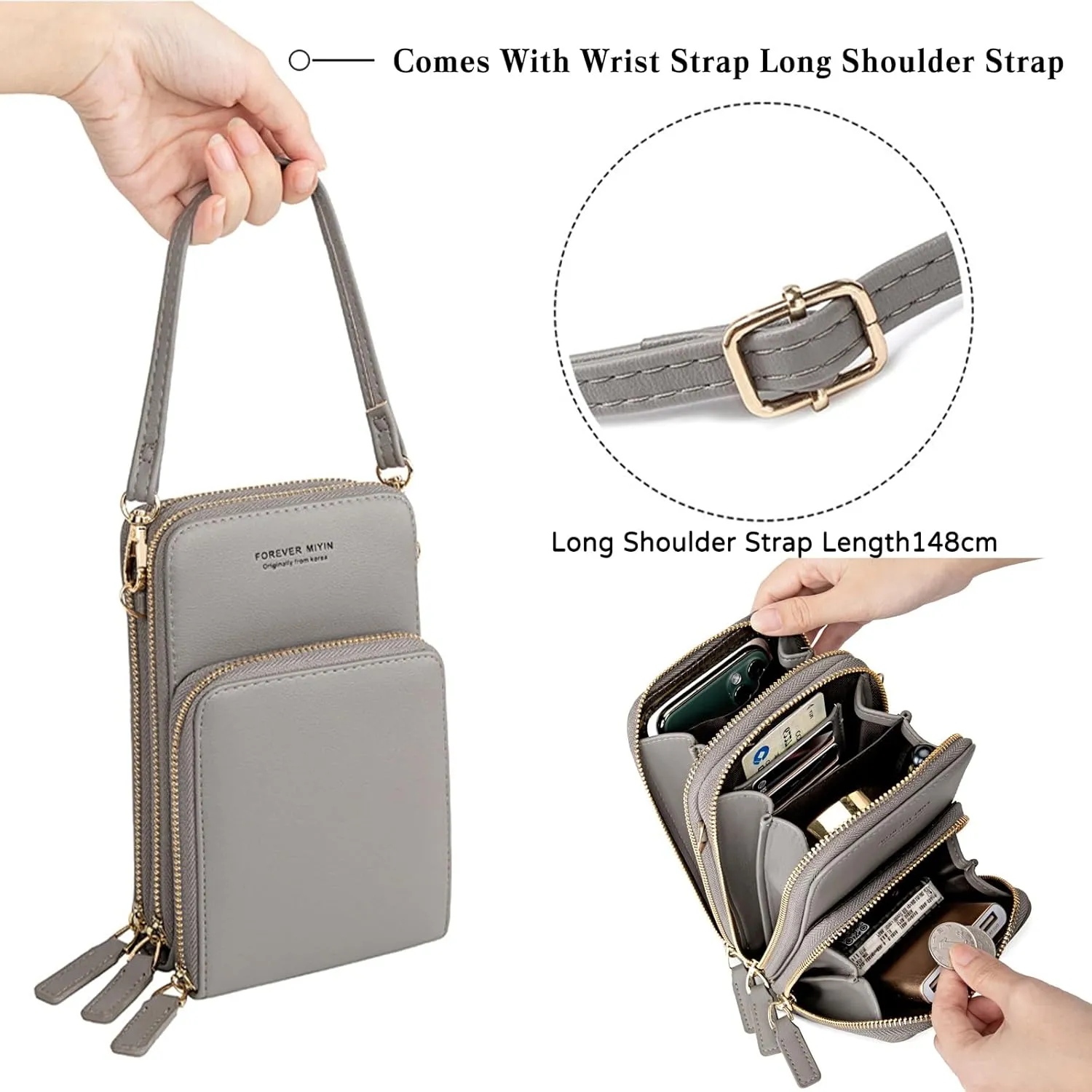 PORRASSO Touch Screen Crossbody Phone Bag Women Shoulder Bag PU Phone Purse Fashion Satchel Wristlet Bag Wallet for Dating Shopping Traveling Light Blue