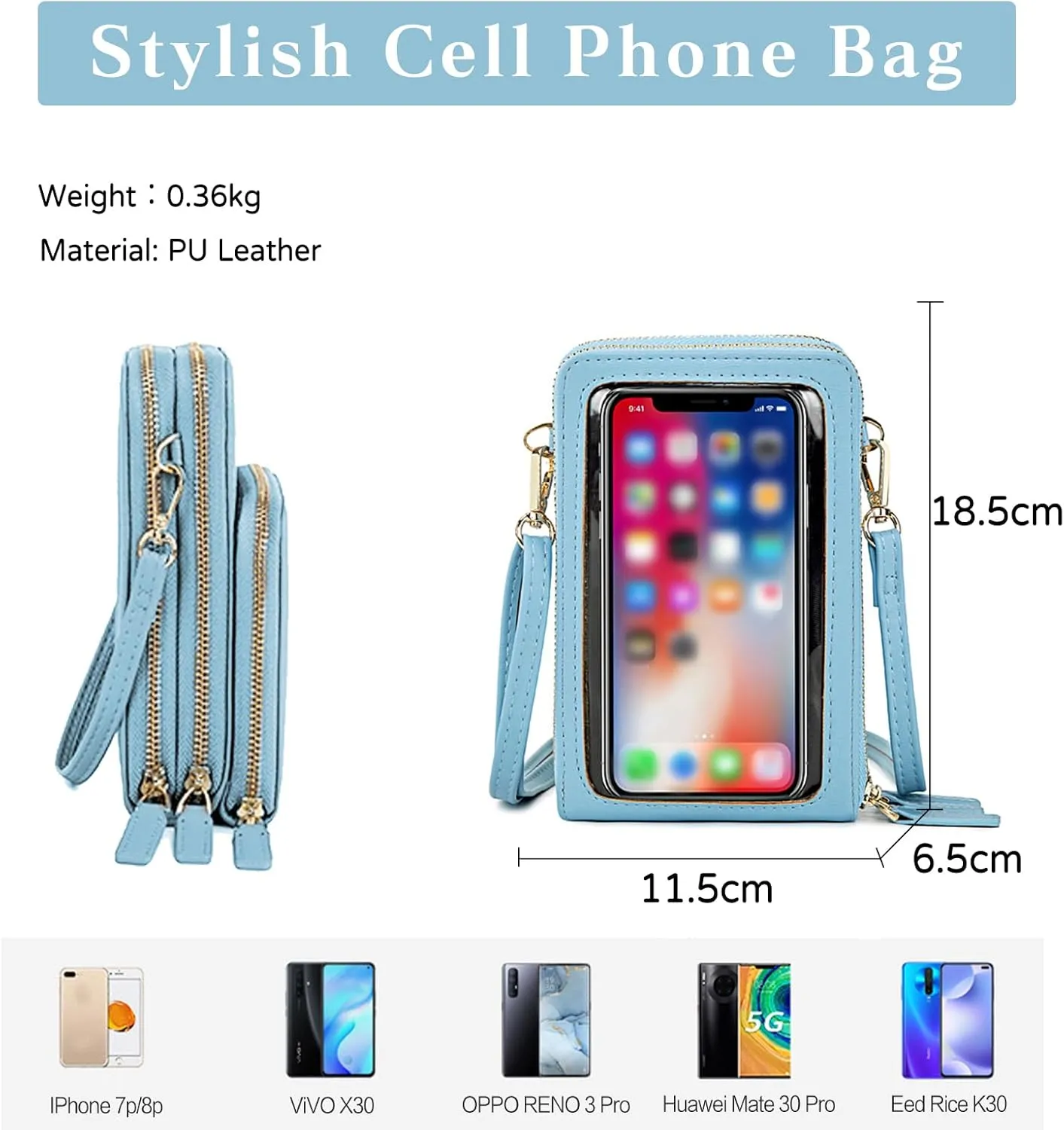 PORRASSO Touch Screen Crossbody Phone Bag Women Shoulder Bag PU Phone Purse Fashion Satchel Wristlet Bag Wallet for Dating Shopping Traveling Light Blue