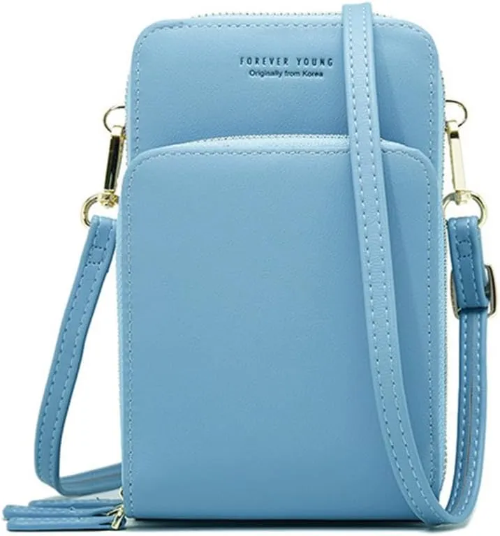 PORRASSO Touch Screen Crossbody Phone Bag Women Shoulder Bag PU Phone Purse Fashion Satchel Wristlet Bag Wallet for Dating Shopping Traveling Light Blue