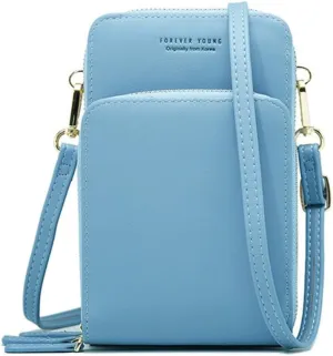 PORRASSO Touch Screen Crossbody Phone Bag Women Shoulder Bag PU Phone Purse Fashion Satchel Wristlet Bag Wallet for Dating Shopping Traveling Light Blue