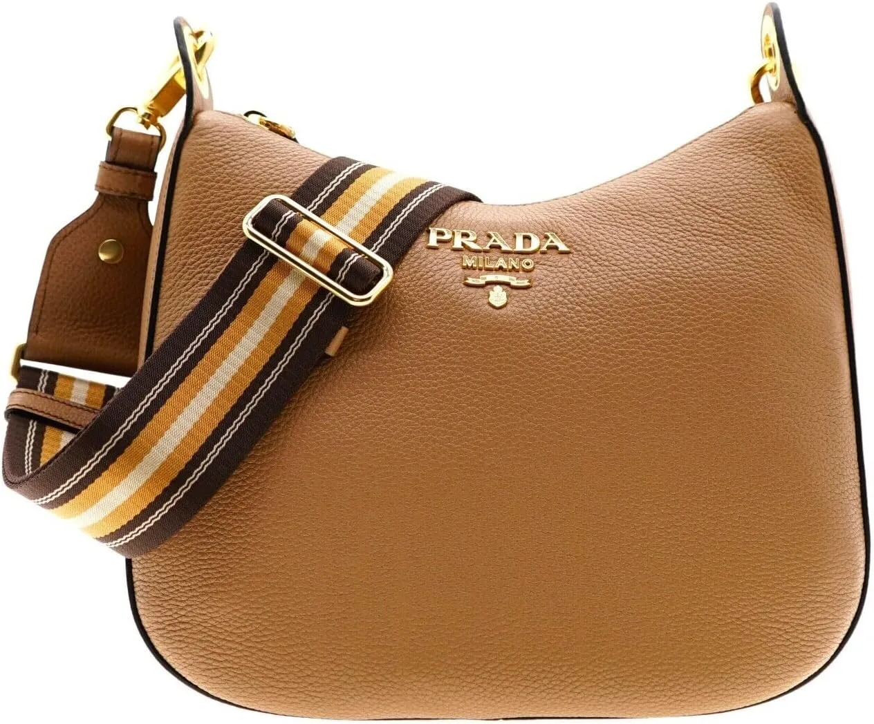 Prada Women's Tan Leather Medium Web Stripe Strap Crossbody Bag 1BC166