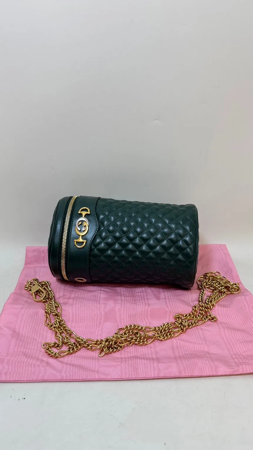 Preloved Gucci GG Marmont Quilted Green Leather Crossbody Bucket Bag
