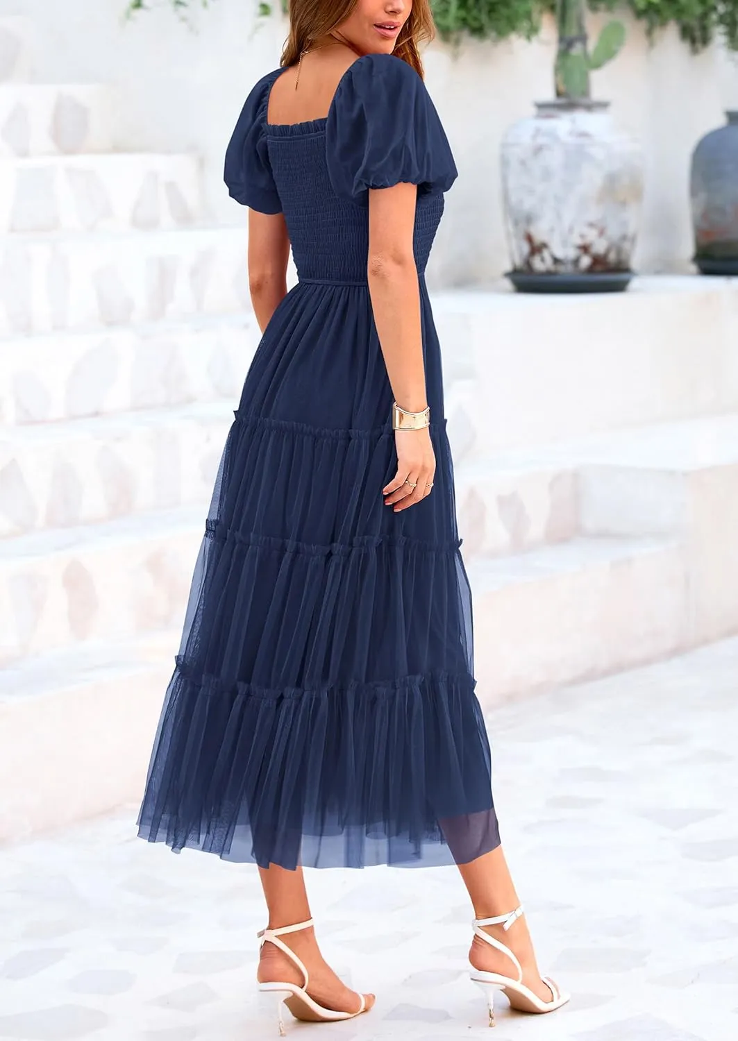 PRETTYGARDEN Women's Smocked Midi Tulle Dress 2025 Summer Puffy Short Sleeve Square Neck Ruffle Wedding Guest Party Dresses