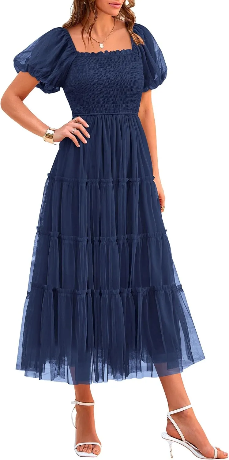 PRETTYGARDEN Women's Smocked Midi Tulle Dress 2025 Summer Puffy Short Sleeve Square Neck Ruffle Wedding Guest Party Dresses