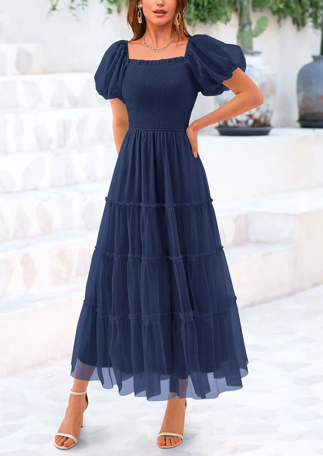 PRETTYGARDEN Women's Smocked Midi Tulle Dress 2025 Summer Puffy Short Sleeve Square Neck Ruffle Wedding Guest Party Dresses