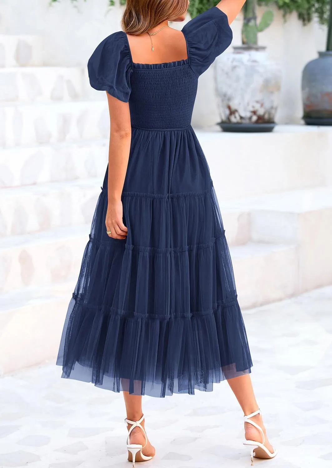 PRETTYGARDEN Women's Smocked Midi Tulle Dress 2025 Summer Puffy Short Sleeve Square Neck Ruffle Wedding Guest Party Dresses