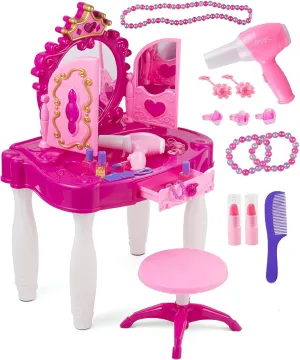 Prextex Kids Makeup Table with Mirror and Chair, Princess Play Set, Kids Makeup Vanity Table with Make-Up Accessories and Light and Musical Sound Effects for Toddler Girls