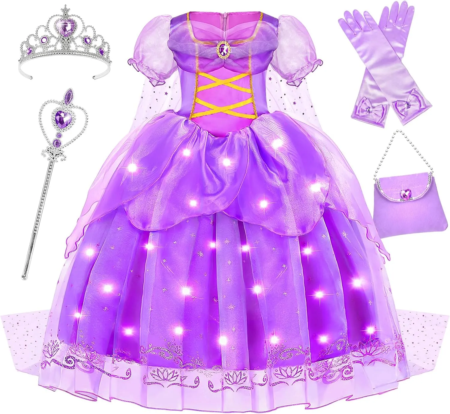 Princess Dress Up for Girls Princess Dresses, Light Up Princess Costume Dress Set with Long Cape, Pretend Play & Dress Up Clothes for Little Girls, Halloween Costumes for Girls Toddler Age 5-8