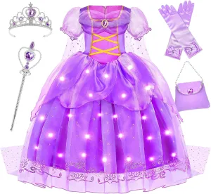 Princess Dress Up for Girls Princess Dresses, Light Up Princess Costume Dress Set with Long Cape, Pretend Play & Dress Up Clothes for Little Girls, Halloween Costumes for Girls Toddler Age 5-8