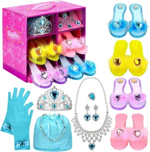 Princess Dress Up Shoes Set, Girls Role Play Dress Up Toys, Toddler Pretend Jewelry Boutique Kit Gift Set for Little Girls Aged 3-6 Years Old, 4 Pairs of Shoes Kit Include Princess Accessories