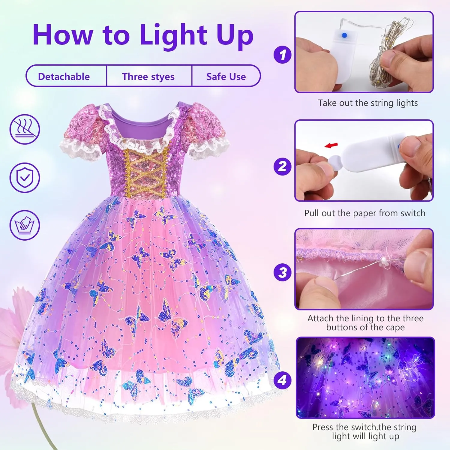 Princess Dresses for Girls - Light up Princess Costume for Girls Age 3-8 Years Old, Halloween Costume & Gift for Toddler Brithday Party (S)