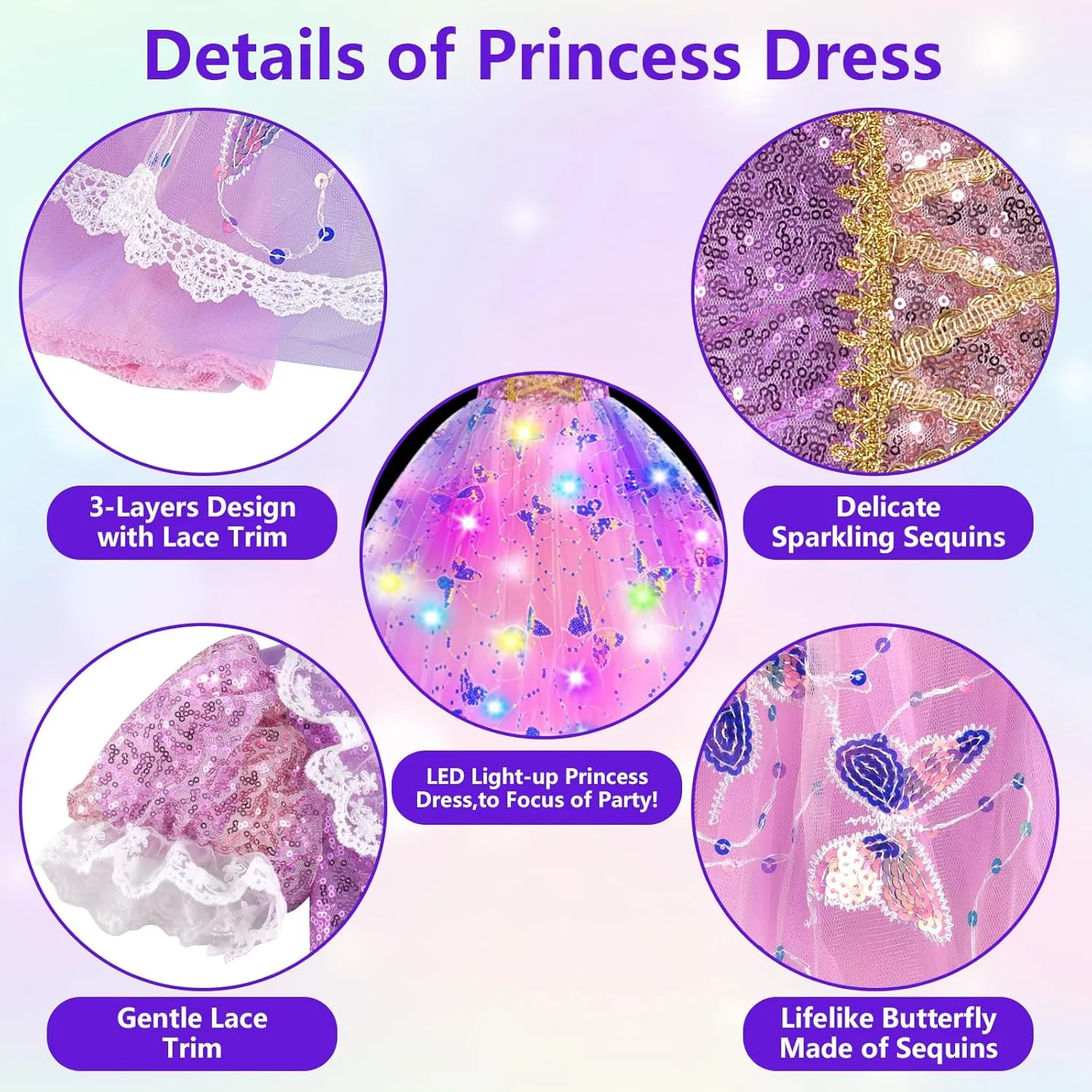 Princess Dresses for Girls - Light up Princess Costume for Girls Age 3-8 Years Old, Halloween Costume & Gift for Toddler Brithday Party (S)