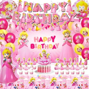 Princess Peach Birthday Party Supplies, Princess Peach Party Decorations, Including Backdrop, Tablecloth, Birthday Banner, Hanging Swirls, Balloons, Cake Toppers for Cute Girls Party