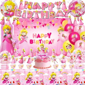Princess Peach Birthday Party Supplies, Princess Peach Party Decorations, Including Backdrop, Tablecloth, Birthday Banner, Hanging Swirls, Balloons, Cake Toppers, Plates, Forks for Cute Girls Party