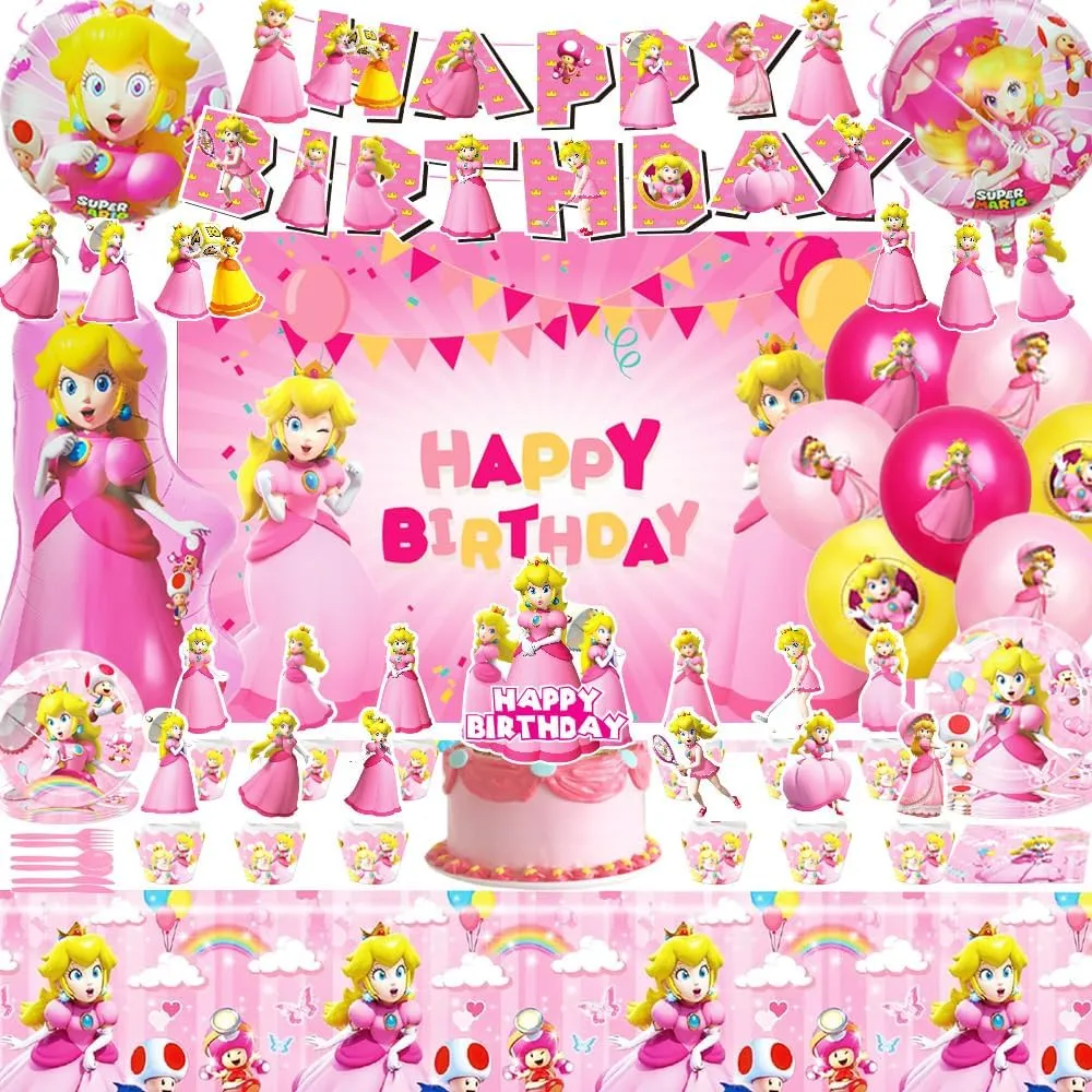 Princess Peach Birthday Party Supplies, Princess Peach Party Decorations, Including Backdrop, Tablecloth, Birthday Banner, Hanging Swirls, Balloons, Cake Toppers, Plates, Forks for Cute Girls Party