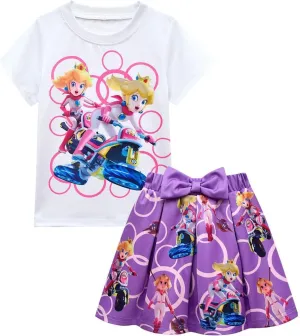 Princess Peach Cosplay Costume Girls Kids Cartoon Short Sleeve Tutu Skirt Dance Dress 2Pcs Outfit Top Tee