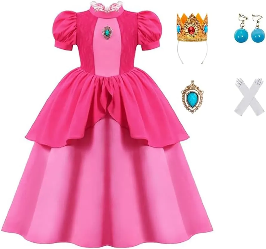 Princess Peach Cosplay Costume Girls Princess Peach Dress Kids Outfit Crown Earrings Gloves for Halloween