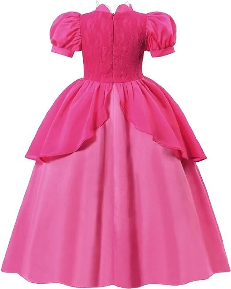 Princess Peach Cosplay Costume Girls Princess Peach Dress Kids Outfit Crown Earrings Gloves for Halloween