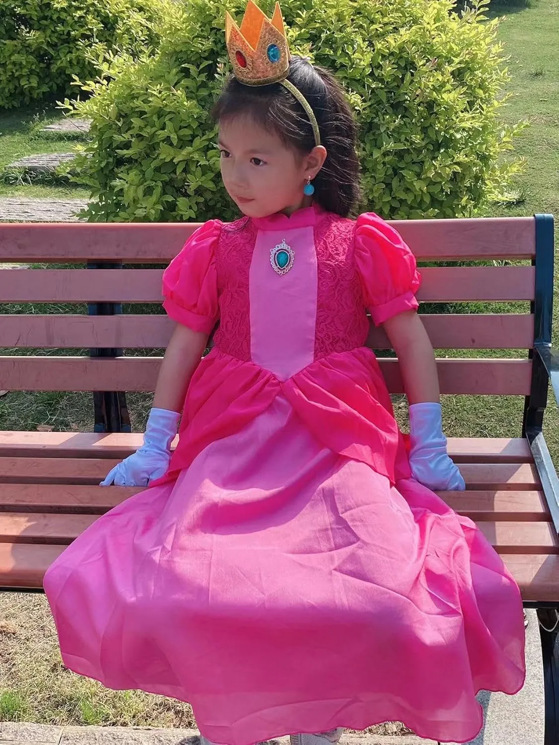 Princess Peach Cosplay Costume Girls Princess Peach Dress Kids Outfit Crown Earrings Gloves for Halloween