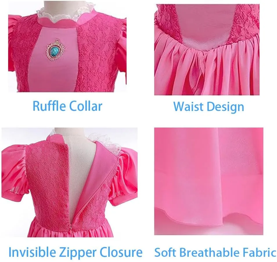 Princess Peach Cosplay Costume Girls Princess Peach Dress Kids Outfit Crown Earrings Gloves for Halloween
