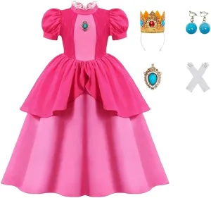 Princess Peach Cosplay Costume Girls Princess Peach Dress Kids Outfit Crown Earrings Gloves for Halloween