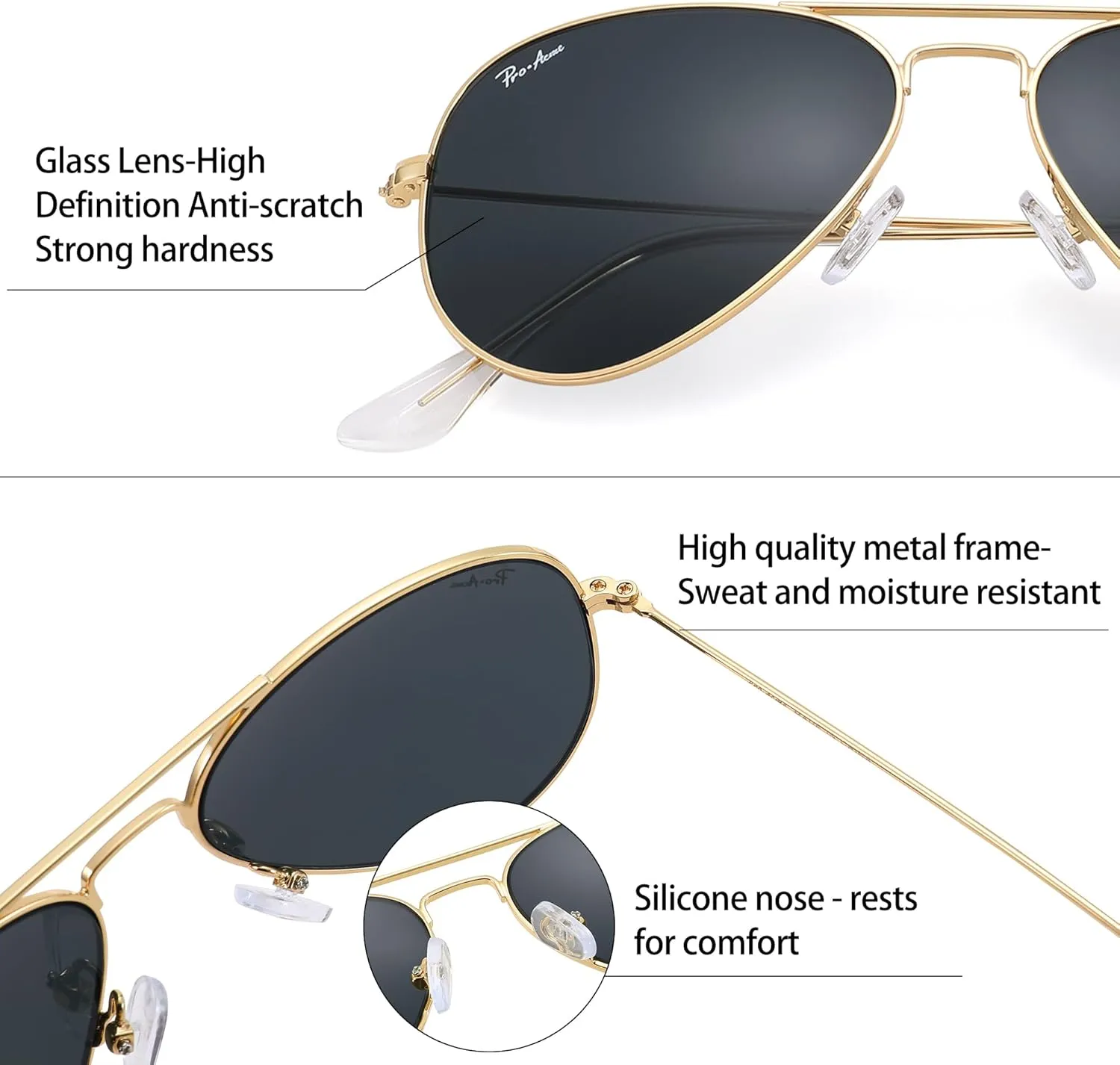 Pro Acme 55MM Glass Small Aviator Sunglasses, Classic Metal Frame UV400 Protection for Men Women