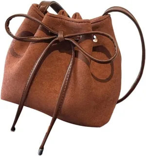 PU Leather Crossbody Bag for Women Drawstring Shoulder Bag Trendy Handbag Sweet Bows Work Bag Aesthetic Bucket Bag