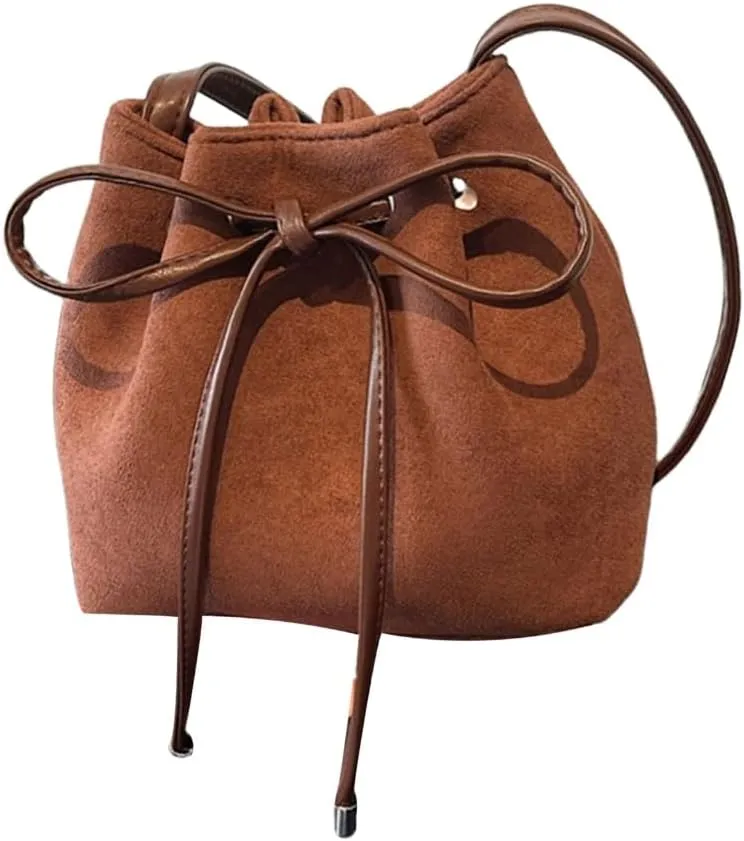 PU Leather Crossbody Bag for Women Drawstring Shoulder Bag Trendy Handbag Sweet Bows Work Bag Aesthetic Bucket Bag
