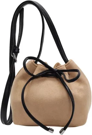 PU Leather Crossbody Bag for Women Drawstring Shoulder Bag Trendy Handbag Sweet Bows Work Bag Aesthetic Bucket Bag