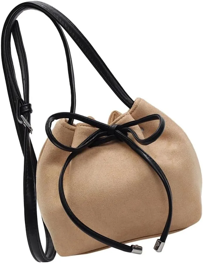 PU Leather Crossbody Bag for Women Drawstring Shoulder Bag Trendy Handbag Sweet Bows Work Bag Aesthetic Bucket Bag