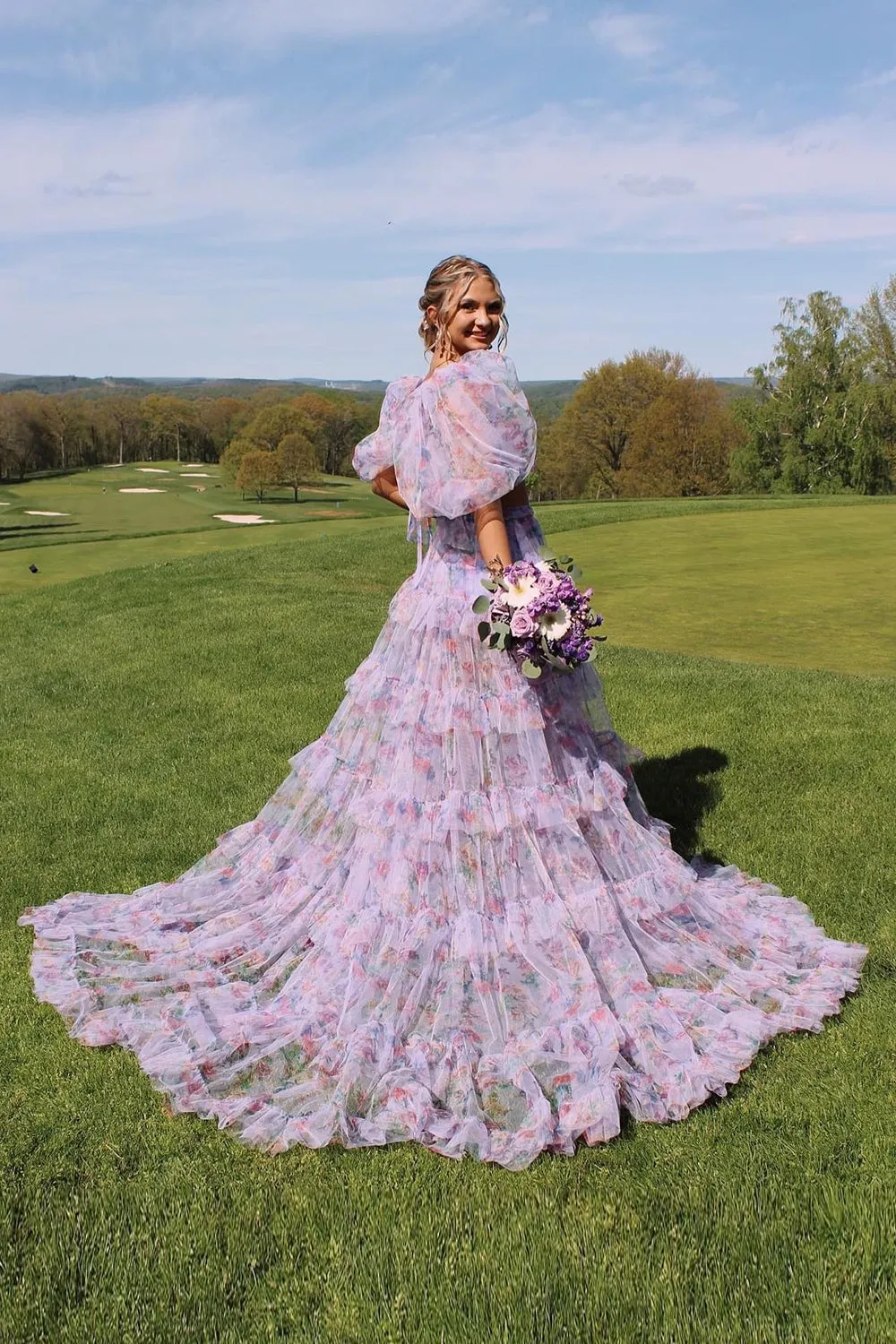 Puff Sleeves Printed Blush Long Formal Dress with Slit