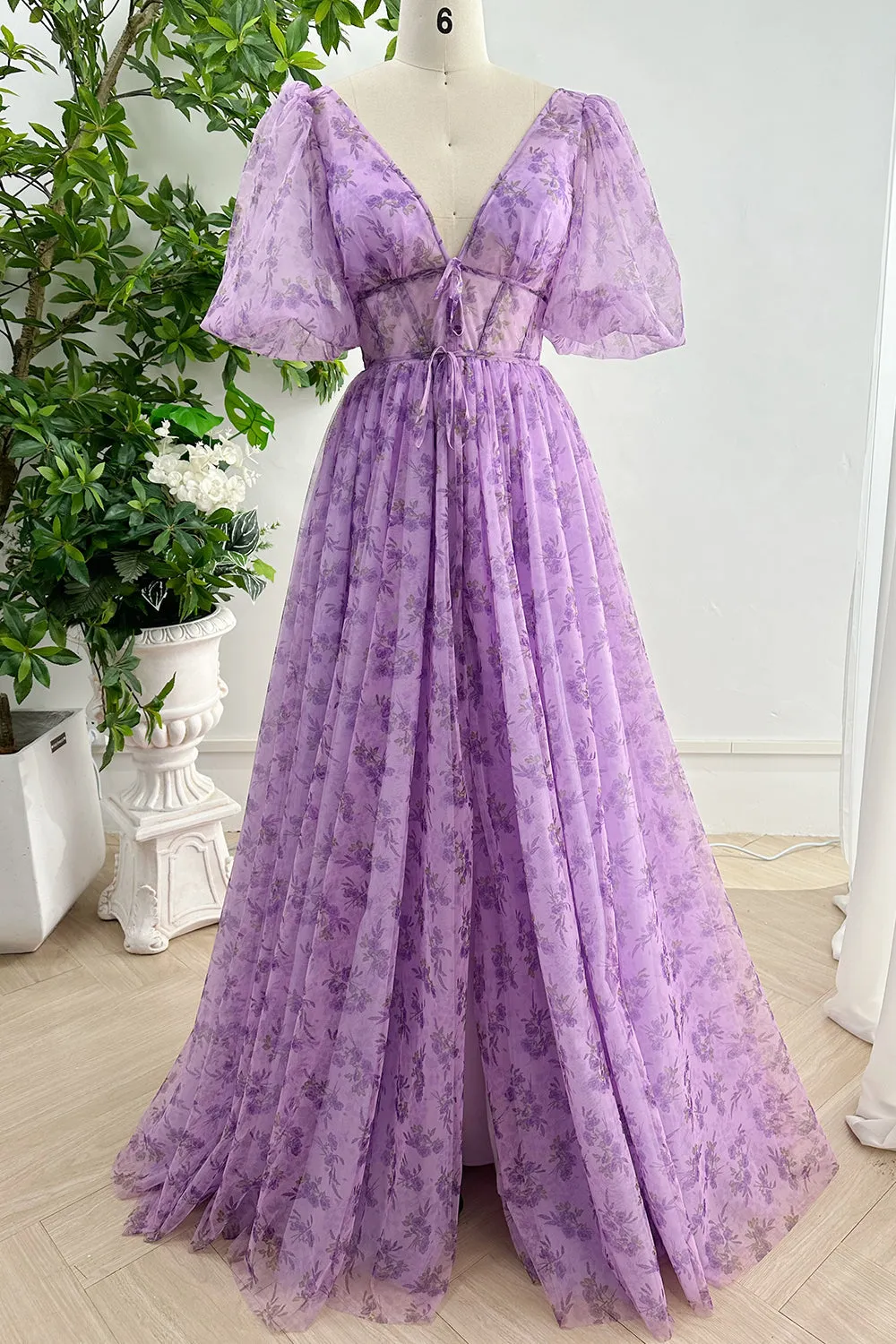 Puff Sleeves V Neck Lavender Floral Print Tulle Dress