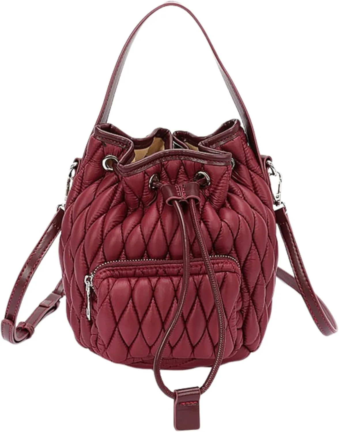 Puffy Padded Bucket Bag for Women Quilted Nylon Drawstring Handbag Lightweight Casual Purse Tote Bags (Burgundy, Small)