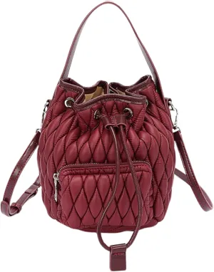 Puffy Padded Bucket Bag for Women Quilted Nylon Drawstring Handbag Lightweight Casual Purse Tote Bags (Burgundy, Small)